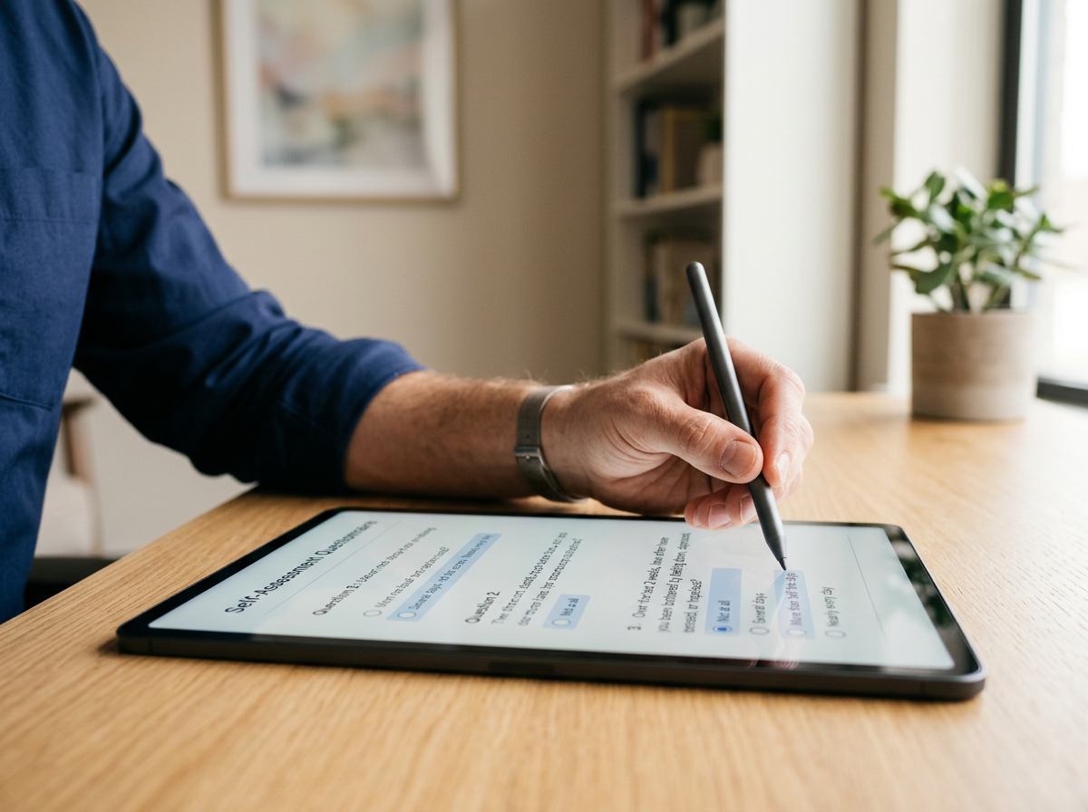 Close-up of a clinician's hand using a digital stylus to complete a psychometric self-assessment questionnaire on a tablet at a clinical desk